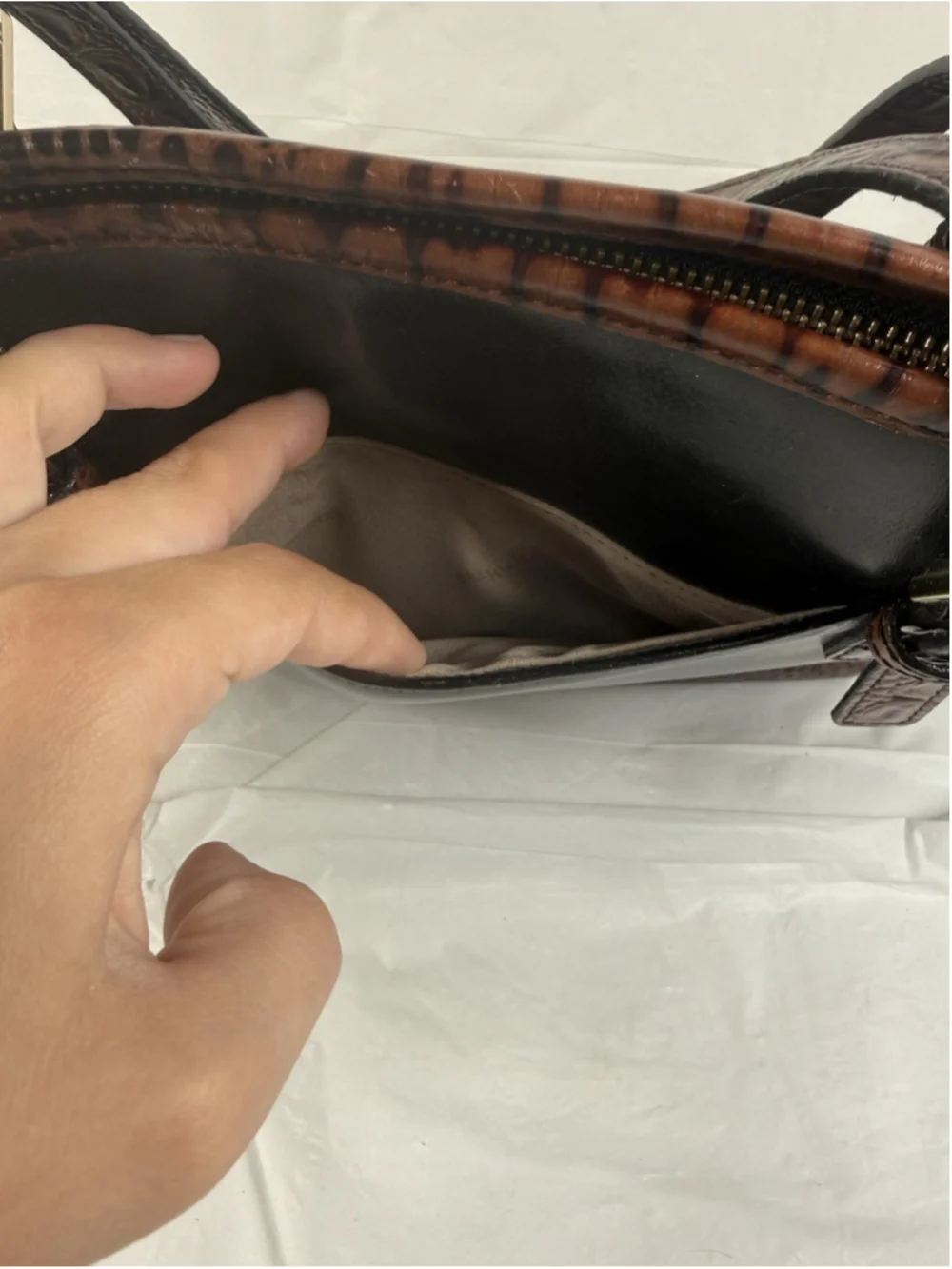 BRAHMIN Croc Embossed Leather Handbag Tote Purse Charms Black Brown